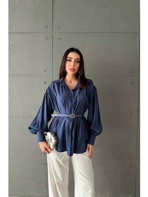 Eskc Trend Moda Lacivert Kemer Detaylı Modal Gömlek