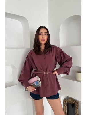 Eskc Trend Moda Mürdüm Kemer Detaylı Modal Gömlek