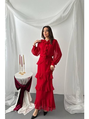 Eskc Trend Moda Kırmızı Fırfırlı Şifon Takım