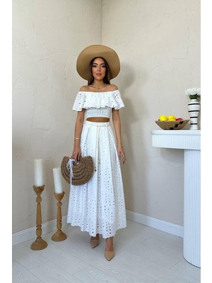 Eskc Trend Moda Beyaz Gipeli Bluz Etek Takım - Beyaz