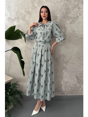 Eskc Trend Moda Yeşil Çizgili Çiçekli Bluz Etek Takım