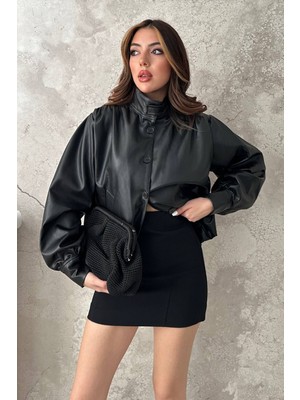 Eskc Trend Moda Siyah Düğmeli Deri Ceket