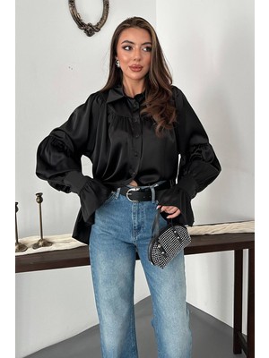 Eskc Trend Moda Siyah Saten Fırfırlı Gömlek