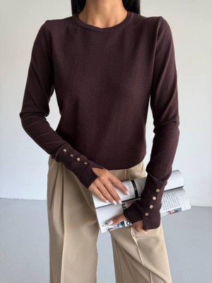 Eskc Trend Moda Düğme Detaylı Uzun Kollu Triko Bluz - Kahverengi