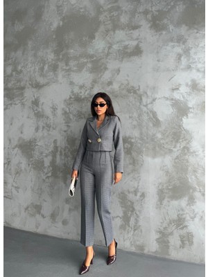 Eskc Trend Moda Shanel Kumaş Omuzu Vatkalı Ceket Pantolon Ikili Takım - Gri