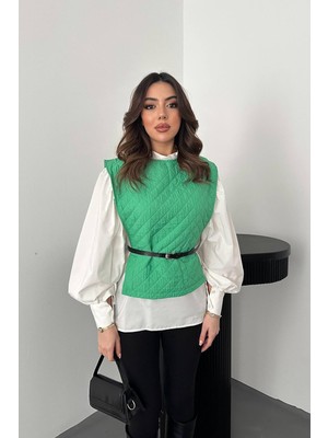 Eskc Trend Moda Yeşil Kemerli Gömlek ve Panço Takım