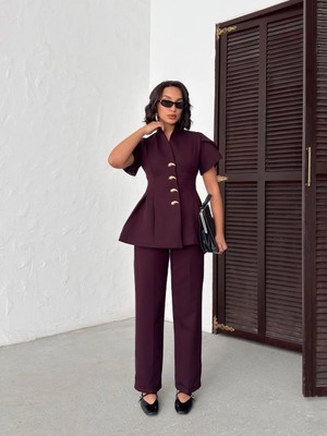 Eskc Trend Moda Gold Düğme Detaylı Peplum Kesim Şık Kadın Takım - Mürdüm