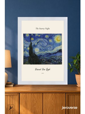 Jeraverse Vincent Van Gogh The Starry Night Camlı Çerçeveli Sanat Tablosu - 15 x 21 Inci Beyaz