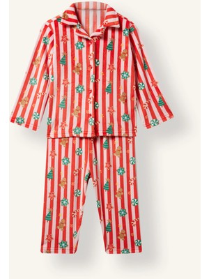 DeFacto Yeni Yıl Çizgili Welsoft Pelüş Düğmeli 2'li Pijama Takımı Kız Bebek I0132A526WN