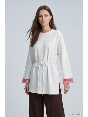 Rays Çizgili Manşet Detay Kuşaklı Tunik 2382 Beyaz