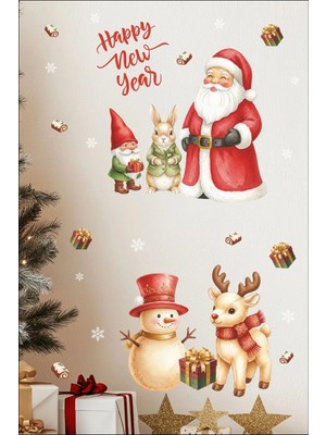 Panda Sokağı Yılbaşı Cam Sticker Seti – Noel Baba, Kardan Adam ve Geyik Pencere Süsü – 130X40 cm