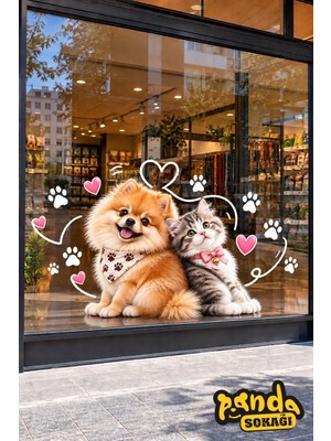 Panda Sokağı Petshop Cam ve Duvar Stickerı 100X100 cm – Pomeranian Köpek Kedi Figürlü Dekoratif Baskes Folyo