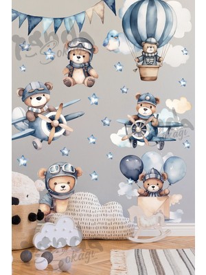Panda Sokağı Mavi Bulut ve Pilot Ayıcıklar, Çocuk Odası Duvar Sticker, 130X150CM