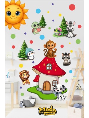 Panda Sokağı Hayvanlar ve Güneş Sticker Çocuk Odası Sticker Kendinden Yapışkanlı