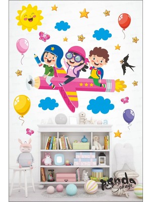 Panda Sokağı Kalemde Uçan Çocuklar Anaokulu Okul Çocuk Odası Kreş Duvar Kapı Cam Sticker Seti