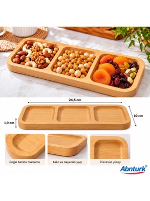 Abnturk 3 Bölmeli Bambu çerezlik-Kuruyemiş Kahvaltılık Atıştırmalık Çerez Servis Sunum Tabağı