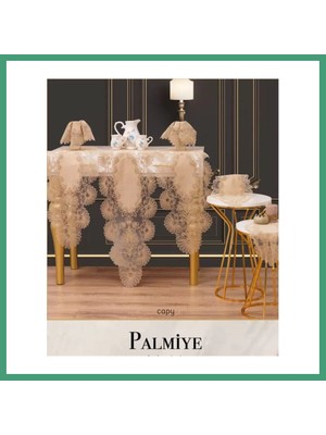 S'82 Kapiçino Palmiye Model 7 Parça Keten Masa Örtüsü Runner Seti Salon Takımı BZS82