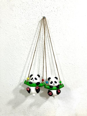 Balkon Süsü Dekoratif Panda Sarkıt Süs, Bahçe ve Balkon Dekorasyonu, 2'li Set, Yeşil Bambu Det