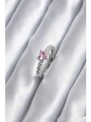 İlkyaz Fashion If ® Gümüş Renk Zirkon Taşlı Pembe Kristal Kalp Model Kadın Yüzük