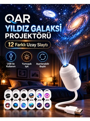 12 Diskli Yıldızlı Gökyüzü Projeksiyonlu Gece Lambası Dokunmatik Tuşlu Dekoratif LED Yıldız Projektör Çocuk Odası Yatak Odası