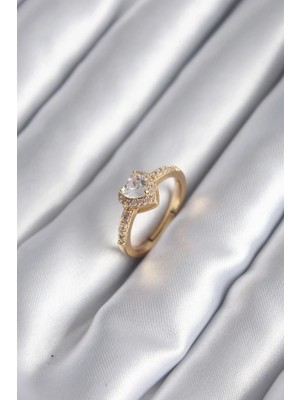 İlkyaz Fashion If ® Pirinç Gold Renk Zirkon Taşlı Kalp Charm Model Kadın Yüzük