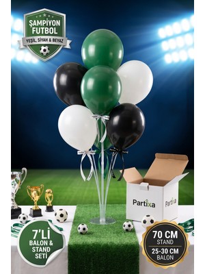 Partixa Şampiyon Futbol Konsept Balon Standı Seti 70 cm Masa Standı 7 Adet Lateks Balon Yeşil Siyah Beyaz