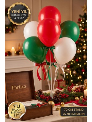 Partixa Yılbaşı Yeni Yıl Kutlaması Balon Standı Seti 70 cm Masa Standı 7 Adet Lateks Balon Kırmızı Yeşil Beyaz