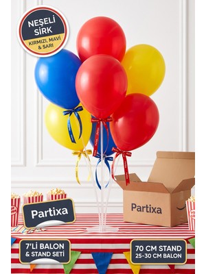 Partixa Neşeli Sirk Konsepti Balon Standı Seti 70 cm Masa Standı 7 Adet Lateks Balon Kırmızı Mavi Sarı