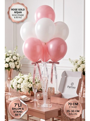 Partixa Rose Gold Nişan ve Söz Masası Balon Standı Seti 70 cm Stand 7 Adet Lateks Balon Rose Pembe Beyaz