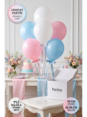 Partixa Cinsiyet Partisi Masa Balon Standı Seti 70 cm Şeffaf Stand ve 7 Adet Lateks Balon Kız Mı Erkek Mi Süsleme