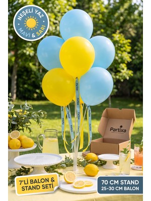 Partixa Neşeli Yaz Konsept Balon Standı Seti 70 cm Masa Standı 7 Adet Lateks Balon Açık Mavi Sarı