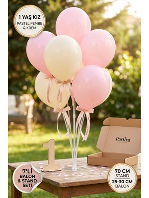 Partixa 1 Yaş Kız Doğum Günü Balon Standı Seti 70 cm Masa Standı 7 Adet Lateks Balon Pembe Krem