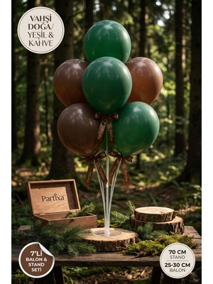 Partixa Orman Yeşili Kahve Balon Standı Seti 70 cm Masa Standı 7 Adet Lateks Balon Vahşi Doğa