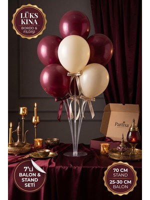 Partixa Lüks Kına Gecesi Balon Standı Seti 70 cm Masa Standı 7 Adet Lateks Balon Bordo Fildişi