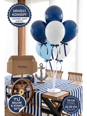 Partixa Denizci Kaptan Konsept Balon Standı Seti 70 cm Masa Standı 7 Adet Lateks Balon Lacivert Mavi Beyaz