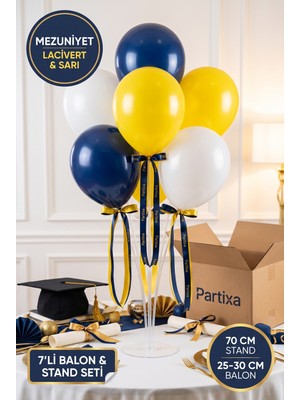 Partixa Mezuniyet Kep Atma Partisi Balon Standı Seti 70 cm Masa Standı 7 Adet Lateks Balon Lacivert Sarı