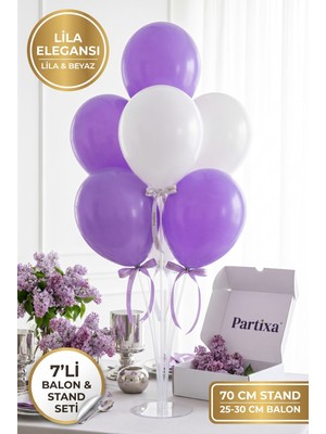 Partixa Pastel Lila Elegansı Balon Standı Seti 70 cm Masa Standı 7 Adet Lateks Balon Lila Beyaz