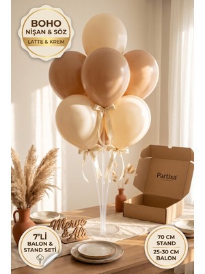 Partixa Boho Nişan ve Söz Masası Balon Standı Seti 70 cm Masa Standı 7 Adet Lateks Balon Latte Krem
