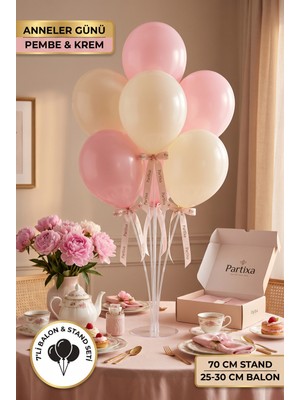 Partixa Anneler Günü Kutlama Balon Standı Seti 70 cm Masa Standı 7 Adet Lateks Balon Pembe Krem
