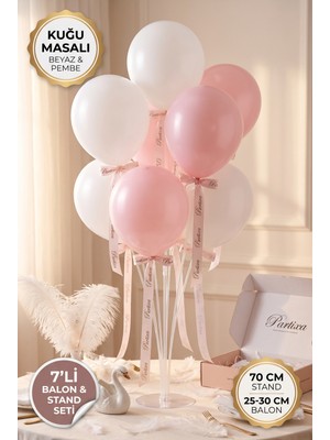 Partixa Kuğu Masalı Konsept Balon Standı Seti 70 cm Masa Standı 7 Adet Lateks Balon Beyaz Pembe