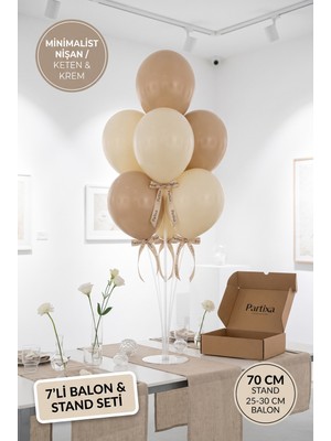 Partixa Minimalist Düğün Nişan Balon Standı Seti 70 cm Masa Standı 7 Adet Lateks Balon Keten Krem
