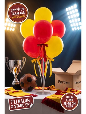 Partixa Şampiyon Taraftar Balon Standı Seti 70 cm Masa Standı 7 Adet Lateks Balon Sarı Kırmızı