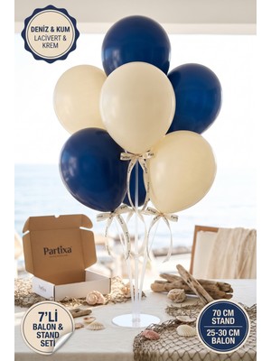 Partixa Deniz Mavisi Kum Rengi Balon Standı Seti 70 cm Masa Standı 7 Adet Lateks Balon Lacivert Krem