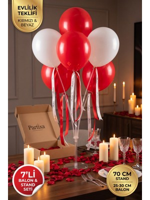 Partixa Evlilik Teklifi Romantik Balon Standı Seti 70 cm Masa Standı 7 Adet Lateks Balon Kırmızı Beyaz