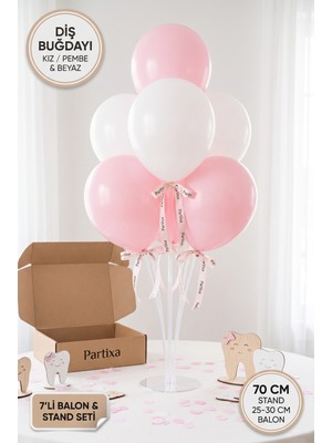 Partixa Diş Buğdayı Kız Bebek Balon Standı Seti 70 cm Masa Standı 7 Adet Lateks Balon Pembe Beyaz