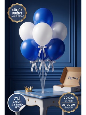Partixa Minik Prens Konsept Balon Standı Seti 70 cm Masa Standı 7 Adet Lateks Balon Kraliyet Mavisi Beyaz