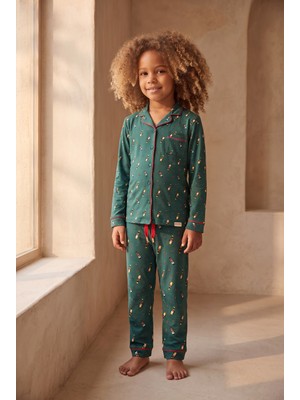 Katia & Bony Kız Çocuk Dear Santa Kurşun Askerli Cepli Yılbaşı Pijama Takımı Yeşil