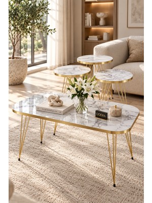 Odera Efes Beyaz Mermer Desenli Oval Orta Sehpa ve Yuvarlak Zigon Sehpa 4'lü Set Pvc Kenarlı Metal Ayaklı Retro Modern Salon Sehpası