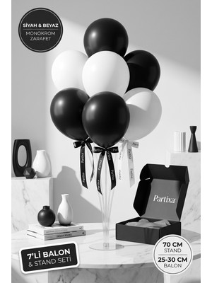 Partixa Siyah Beyaz Modern Balon Standı Seti 70 cm Masa Standı 7 Adet Lateks Balon Monokrom