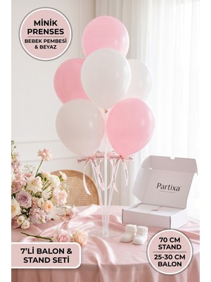 Partixa Kız Bebek Hoş Geldin Bebek Balon Standı Seti 70 cm Masa Standı 7 Adet Mat Lateks Balon Pembe Beyaz